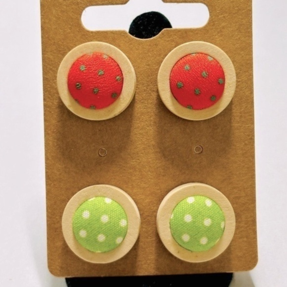 2 Pairs of Polka Dot Fabric Button Wood Stud Earrings, Handmade, Unworn, NWT